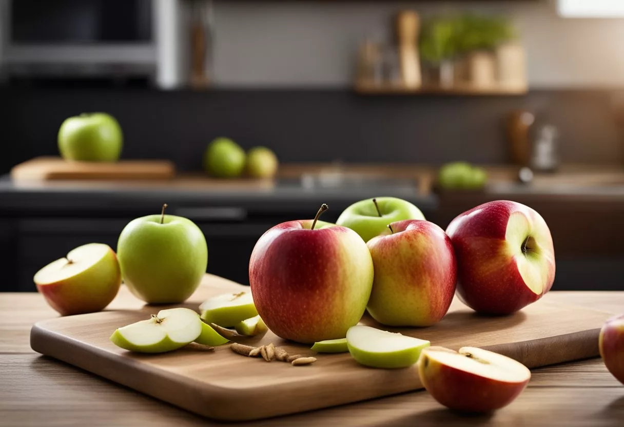 A variety of apples arranged on a wooden cutting board, with a knife and measuring scale nearby. A nutrition label displaying the calories per serving is visible
