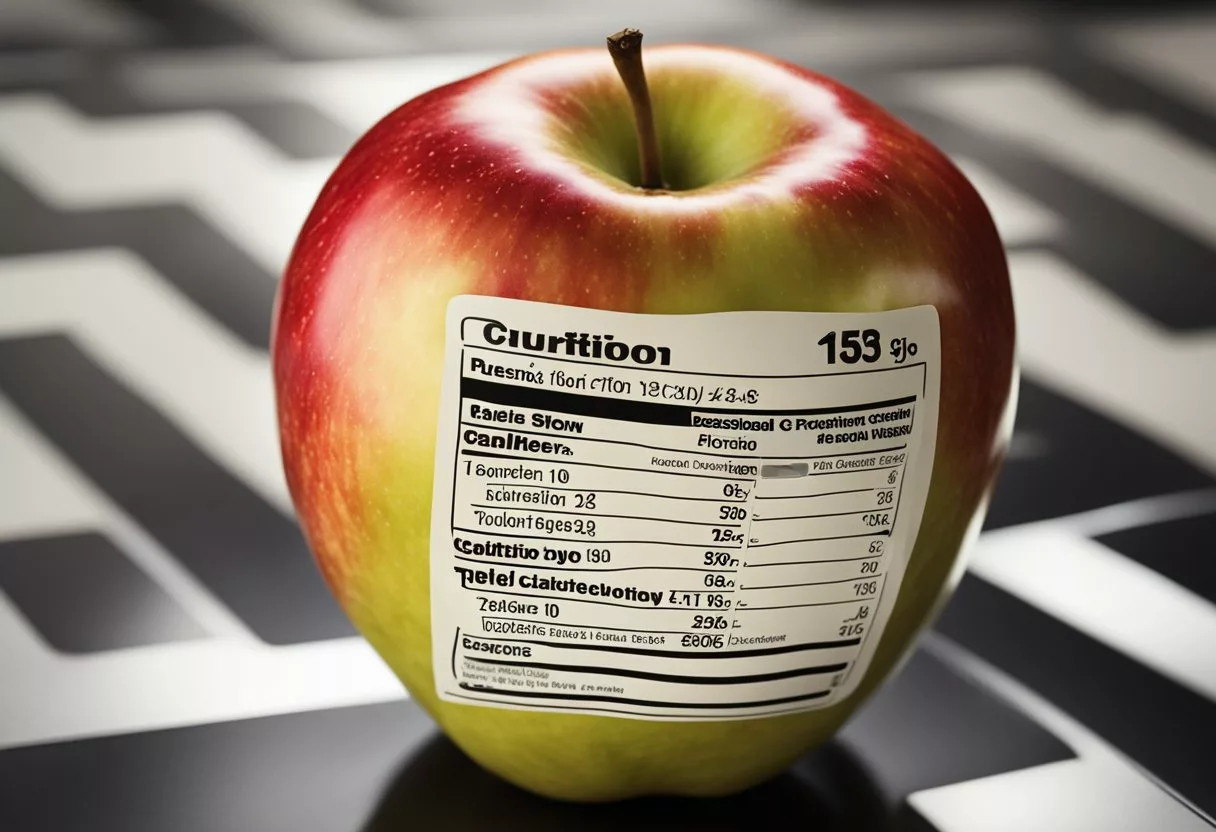 An apple with a nutrition label showing "Calories: X" surrounded by question marks