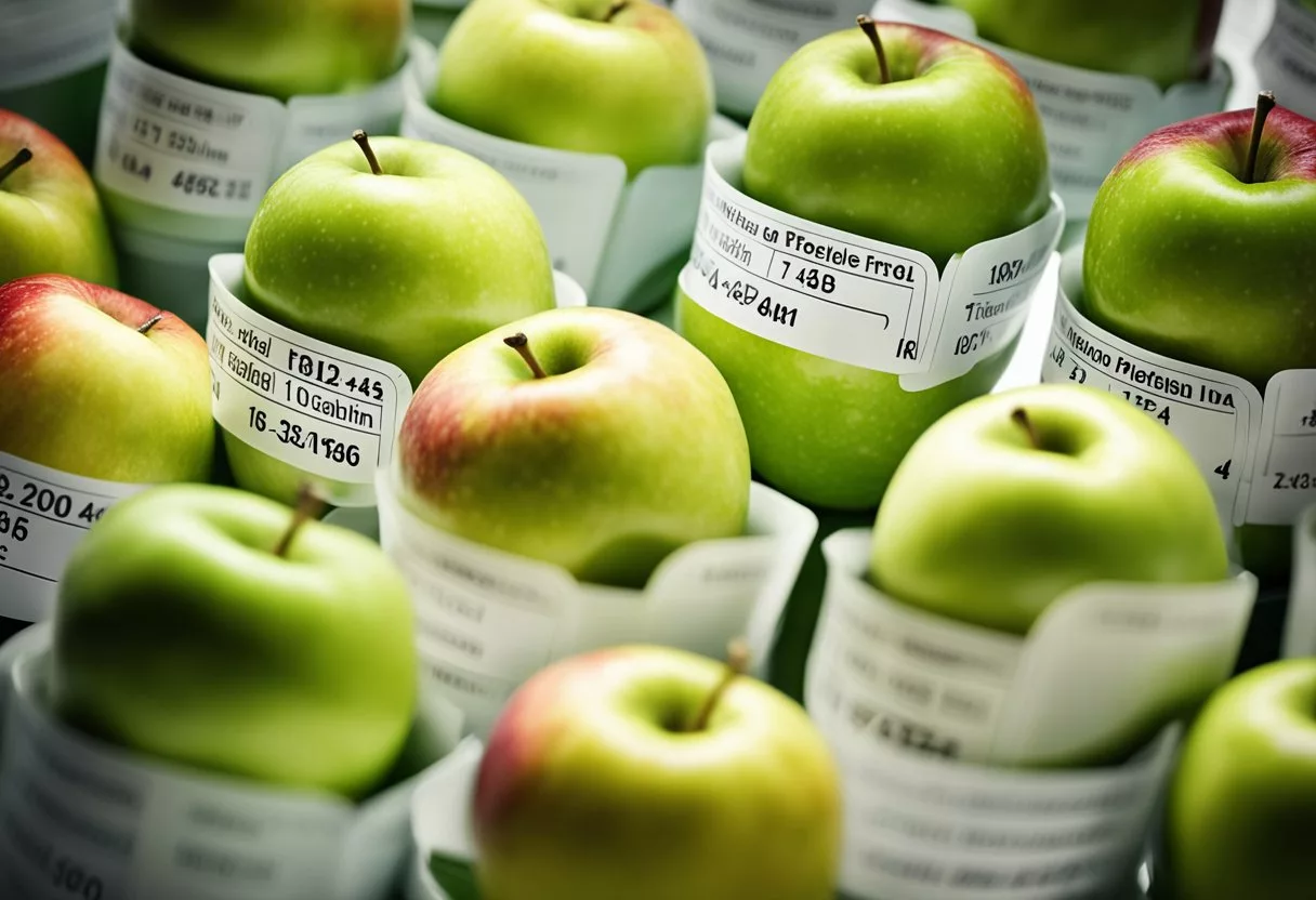A whole apple with a clear food label displaying the calorie count