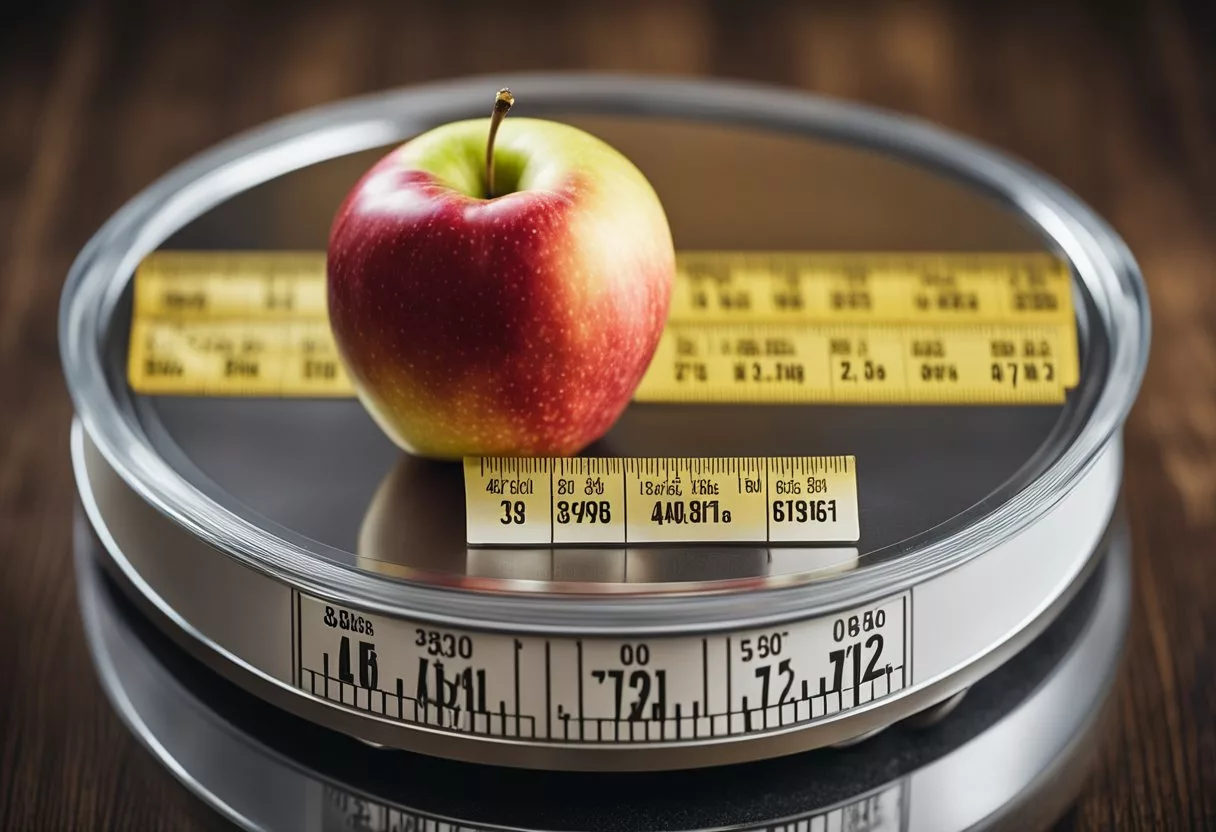 A whole apple on a scale with a nutrition label showing the calorie count