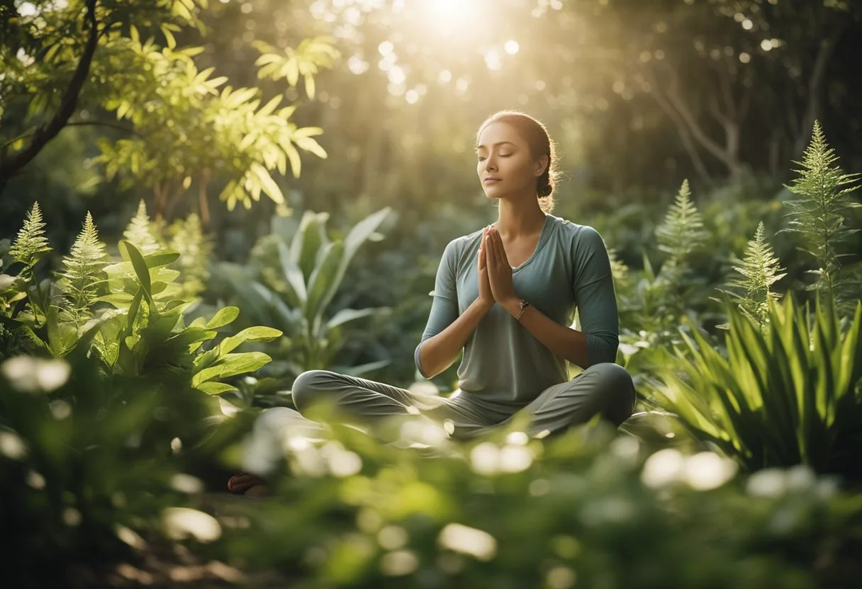 A serene natural setting with a person engaging in calming activities like yoga or meditation, surrounded by soothing elements such as plants, water, and soft lighting