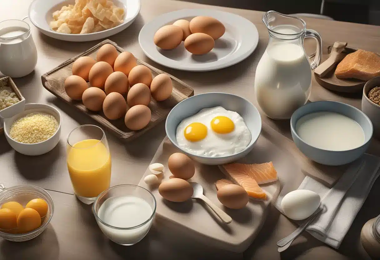 A table with various foods rich in Vitamin D, such as salmon, eggs, and fortified milk, displayed with clear labels