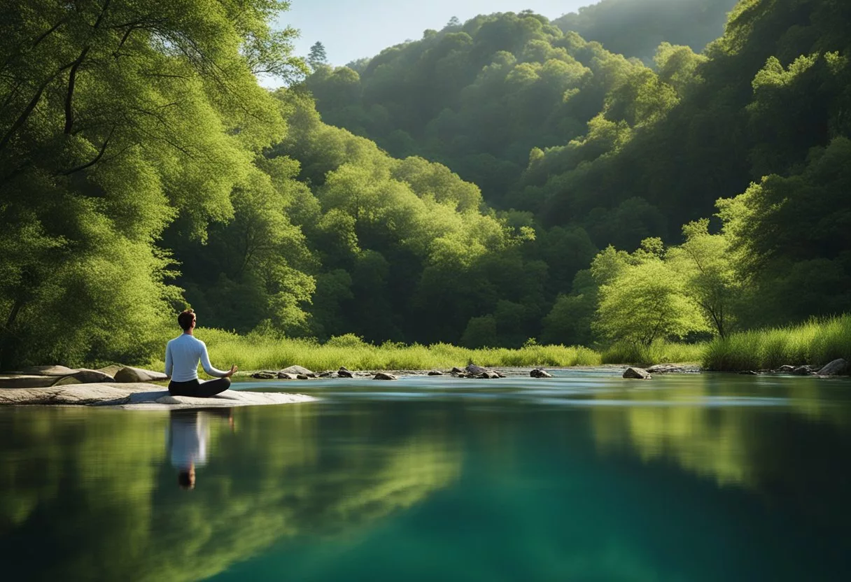 A serene nature scene with a flowing river, lush greenery, and a clear blue sky, with a person practicing yoga or meditation in the background