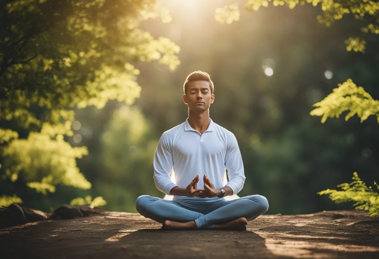 A person meditates in a peaceful setting surrounded by nature, practicing deep breathing and yoga to reduce stress and lower cortisol levels