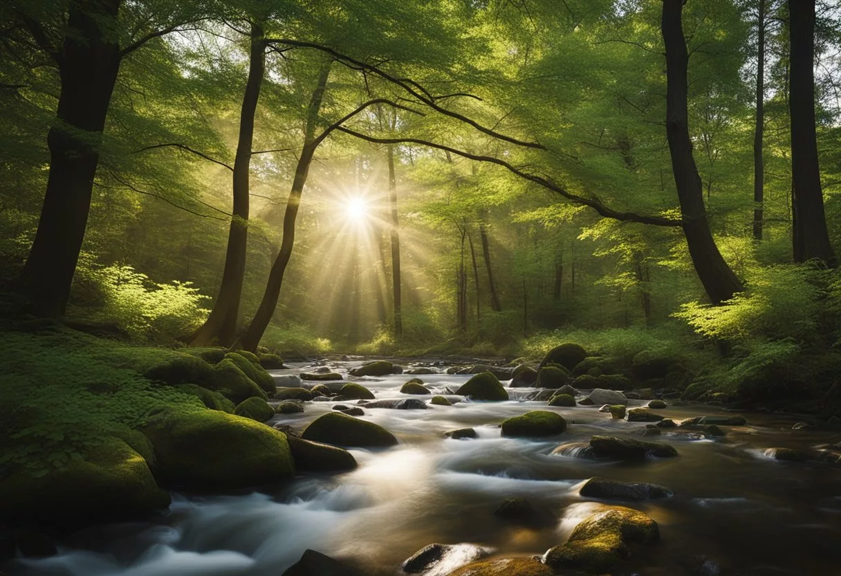 A peaceful forest with a flowing stream, sunlight filtering through the trees, and a gentle breeze rustling the leaves