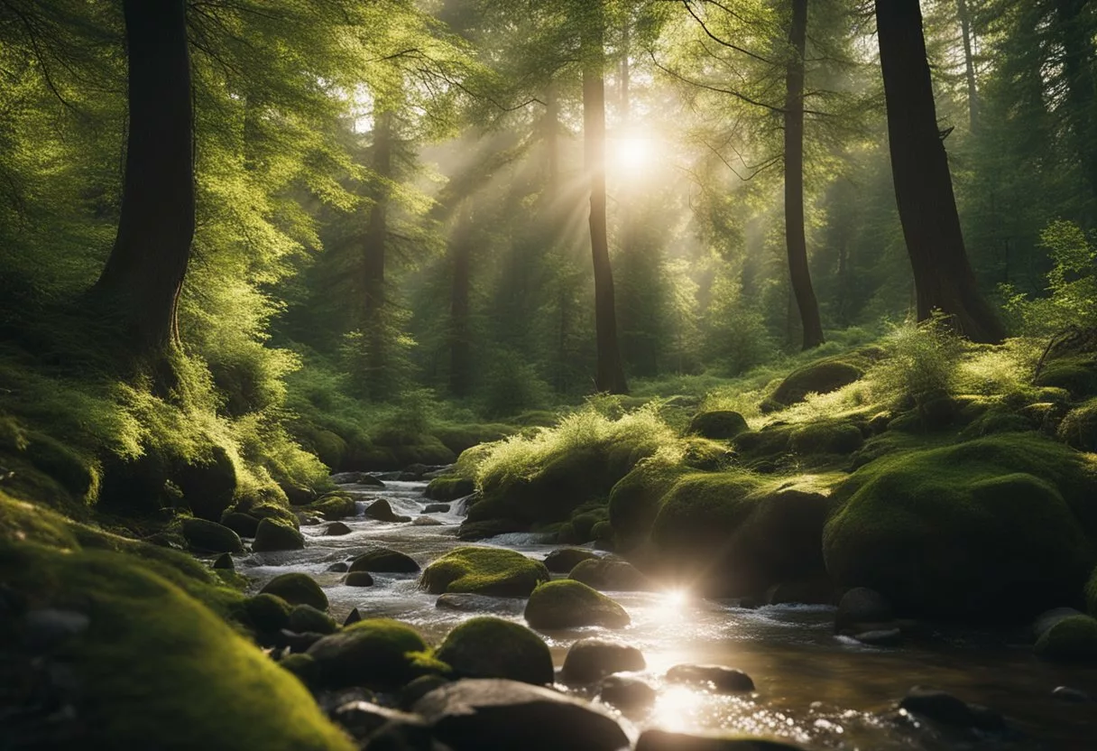 A serene forest with a winding stream, sunlight filtering through the trees, and animals peacefully coexisting, evoking a sense of calm and tranquility