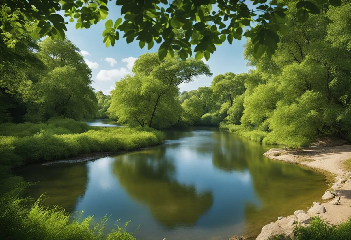 A serene natural landscape with a winding river, lush greenery, and a clear blue sky, evoking a sense of calm and relaxation