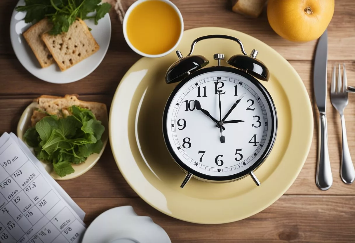 A clock showing different time intervals, a plate with food and an empty plate, a person drinking water, and a calendar with marked fasting days
