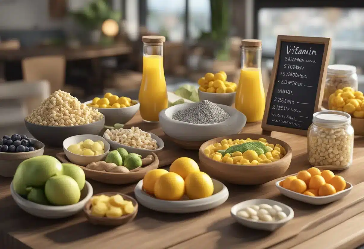 A variety of foods rich in Vitamin D displayed on a table with a sign listing safety and recommendations