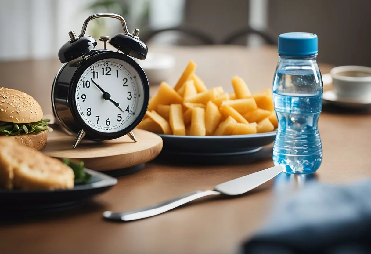 A clock showing 16 hours, a plate of food, and a water bottle on a table