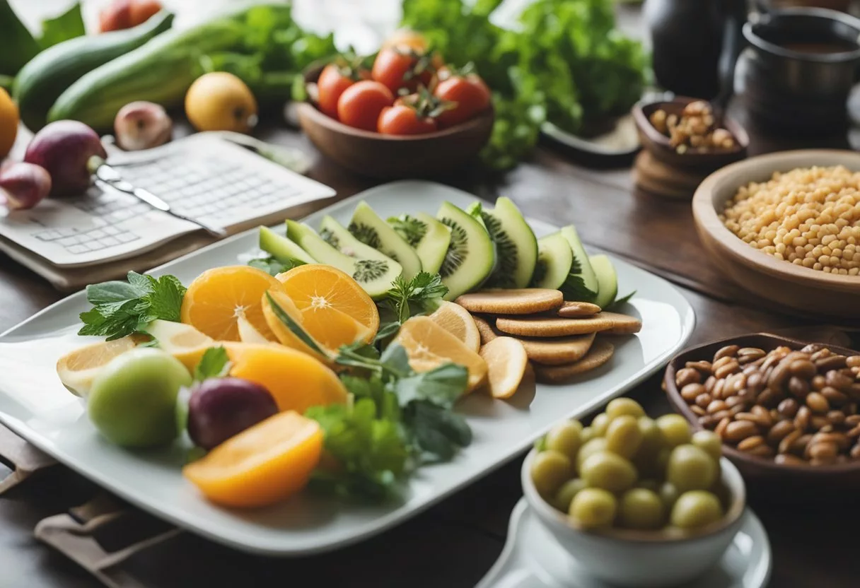 A table with a variety of healthy foods and a calendar showing fasting days