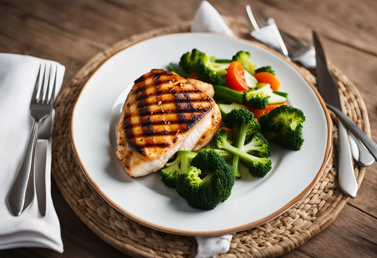 A grilled chicken breast with 165 calories, resting on a white plate with a side of steamed vegetables