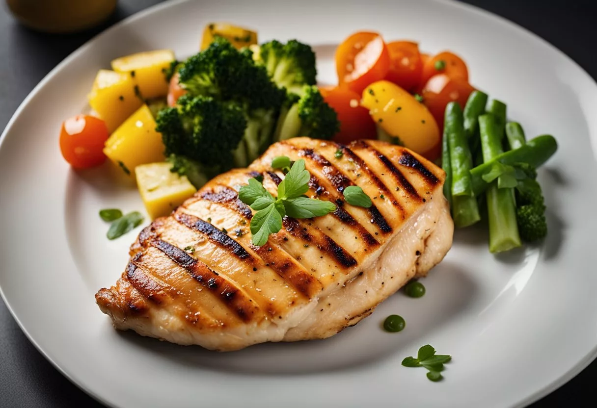 A grilled chicken breast sits on a plate with a side of steamed vegetables, showcasing its low calorie content for a health-conscious meal