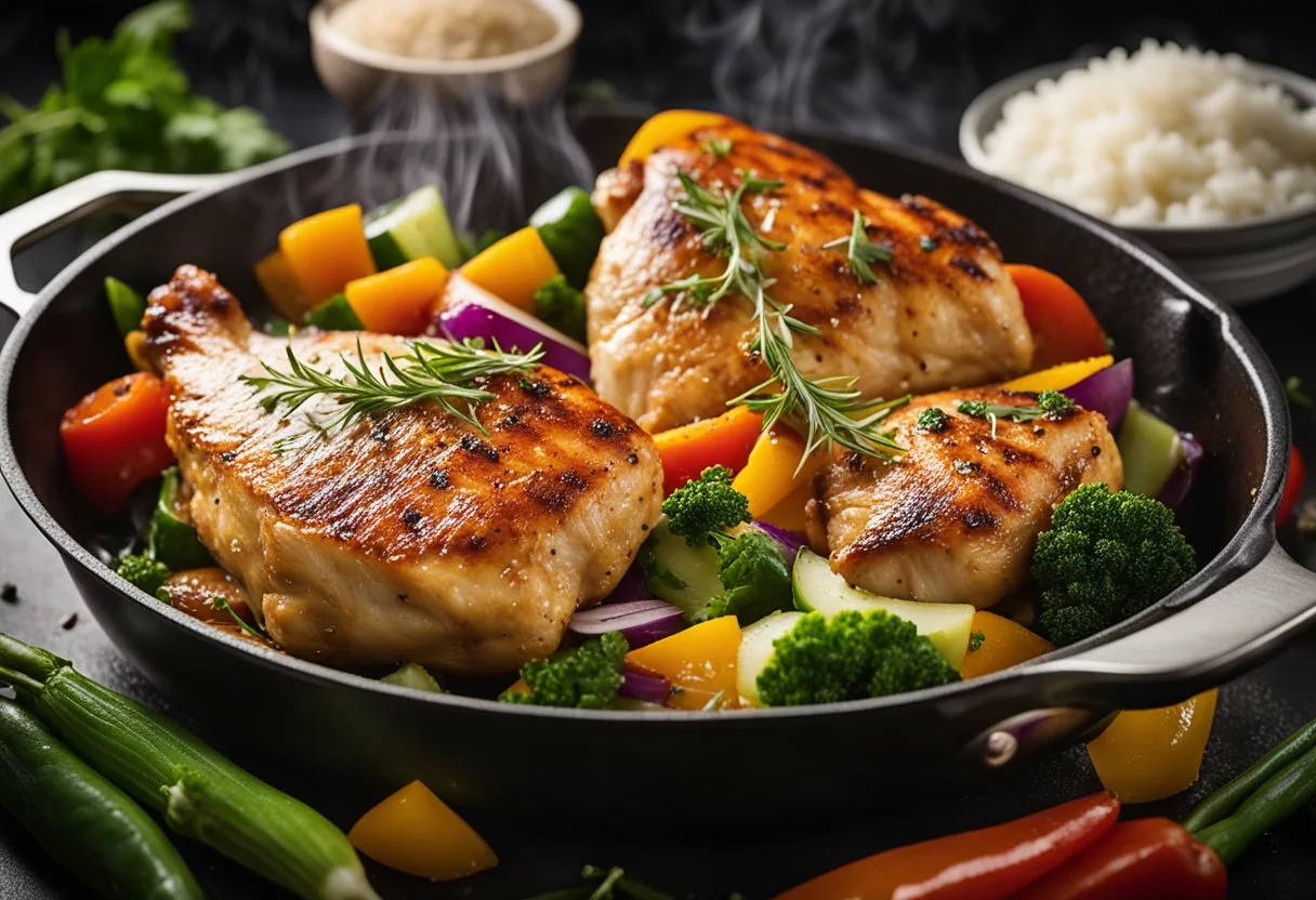 A chicken breast sizzles in a hot skillet, surrounded by colorful vegetables and aromatic herbs. Steam rises as the meat cooks to perfection