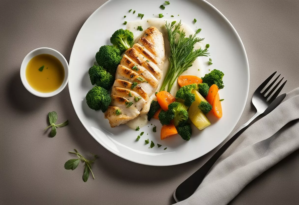 A cooked chicken breast on a white plate with a side of steamed vegetables and a sprinkle of herbs