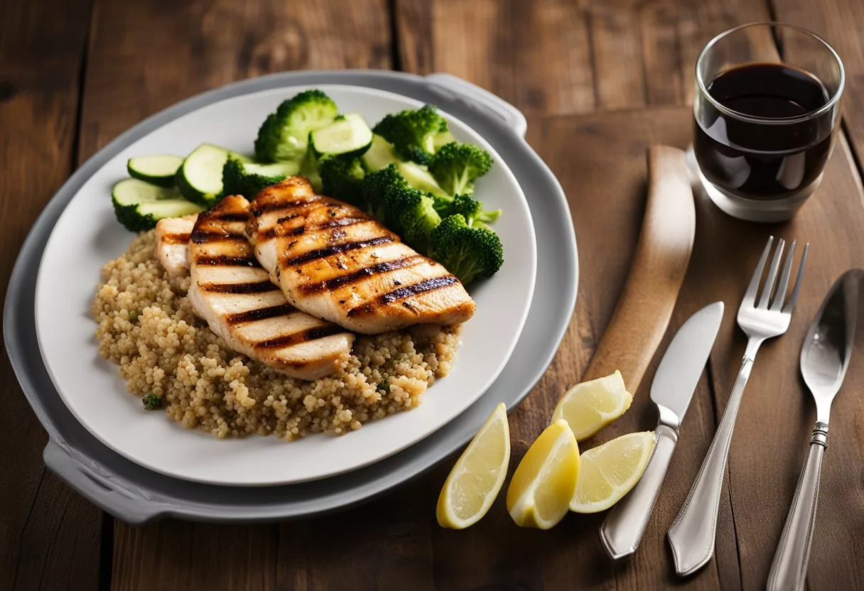 A plate with a grilled chicken breast, a side of steamed vegetables, and a small bowl of quinoa. The plate is placed on a wooden table with a glass of water next to it