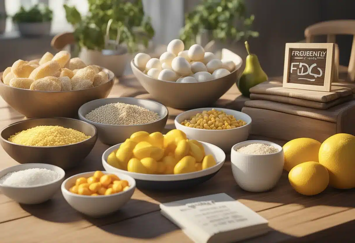 A variety of foods rich in Vitamin D arranged on a table with a sign reading "Frequently Asked Questions Vitamin D foods" displayed prominently