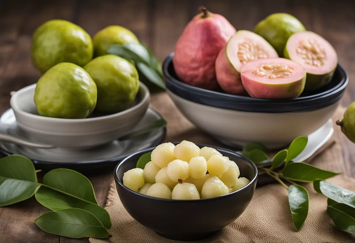 A bowl of guavas sits next to a plate of balanced diet foods. A nutrition chart highlights the health benefits of guavas