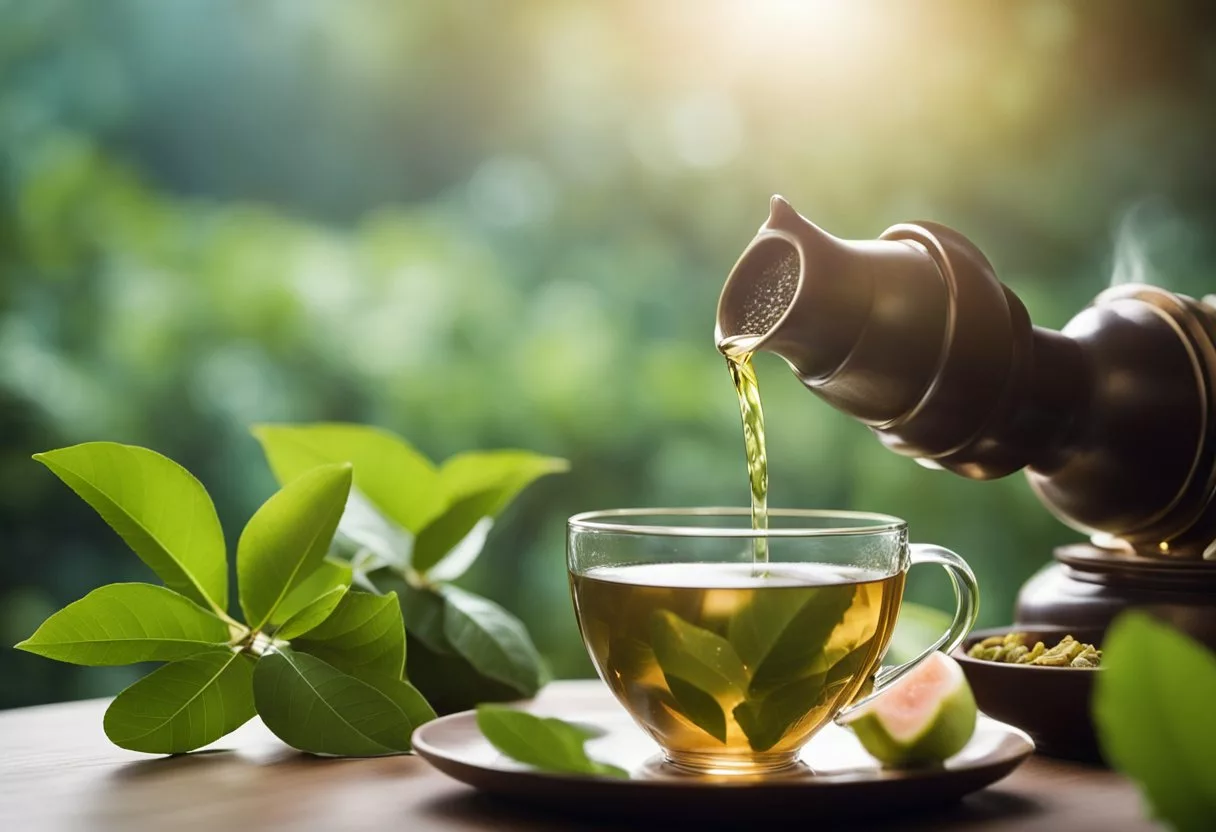 A serene setting with guava leaves being brewed into tea, surrounded by a peaceful atmosphere and a sense of healing and rejuvenation