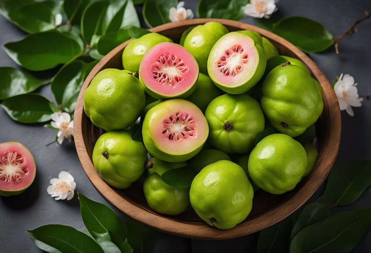 A bowl of ripe guavas surrounded by fresh green leaves and flowers. The vibrant colors and juicy appearance highlight the health benefits of consuming guavas