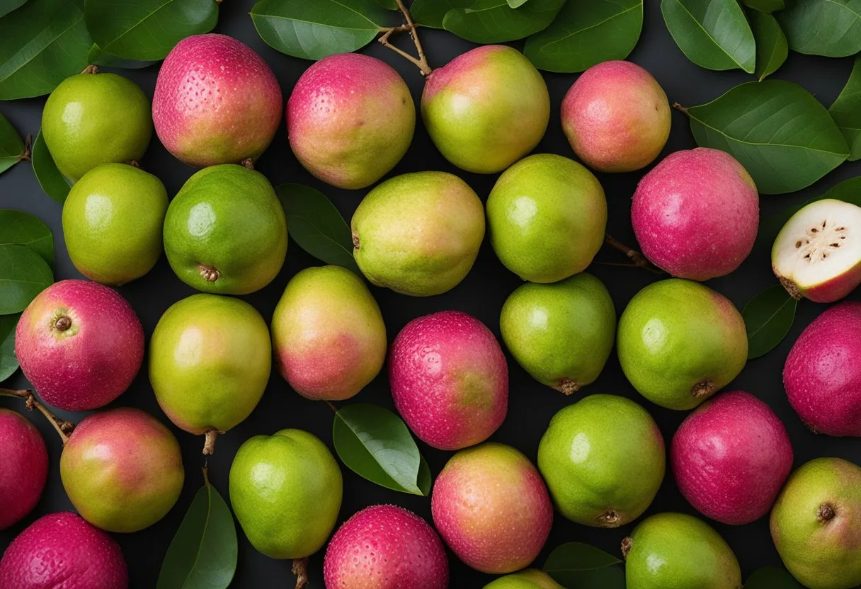 A colorful array of guavas, showcasing their nutritional profile and health benefits, with vibrant green and pink hues, surrounded by leaves and a slice revealing the juicy interior