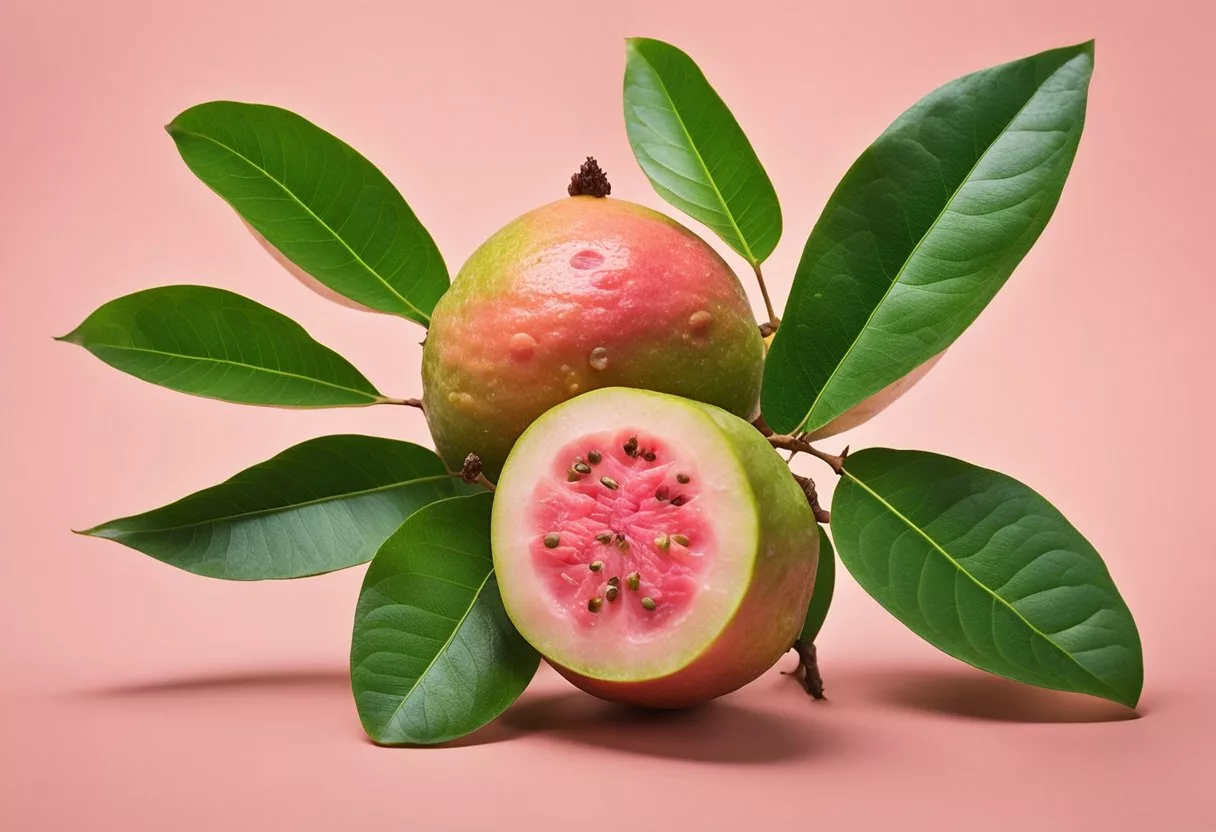 A ripe guava surrounded by vibrant green leaves, with a slice revealing its pink flesh and seeds. A few droplets of juice glisten on the surface, evoking its fresh and juicy nature