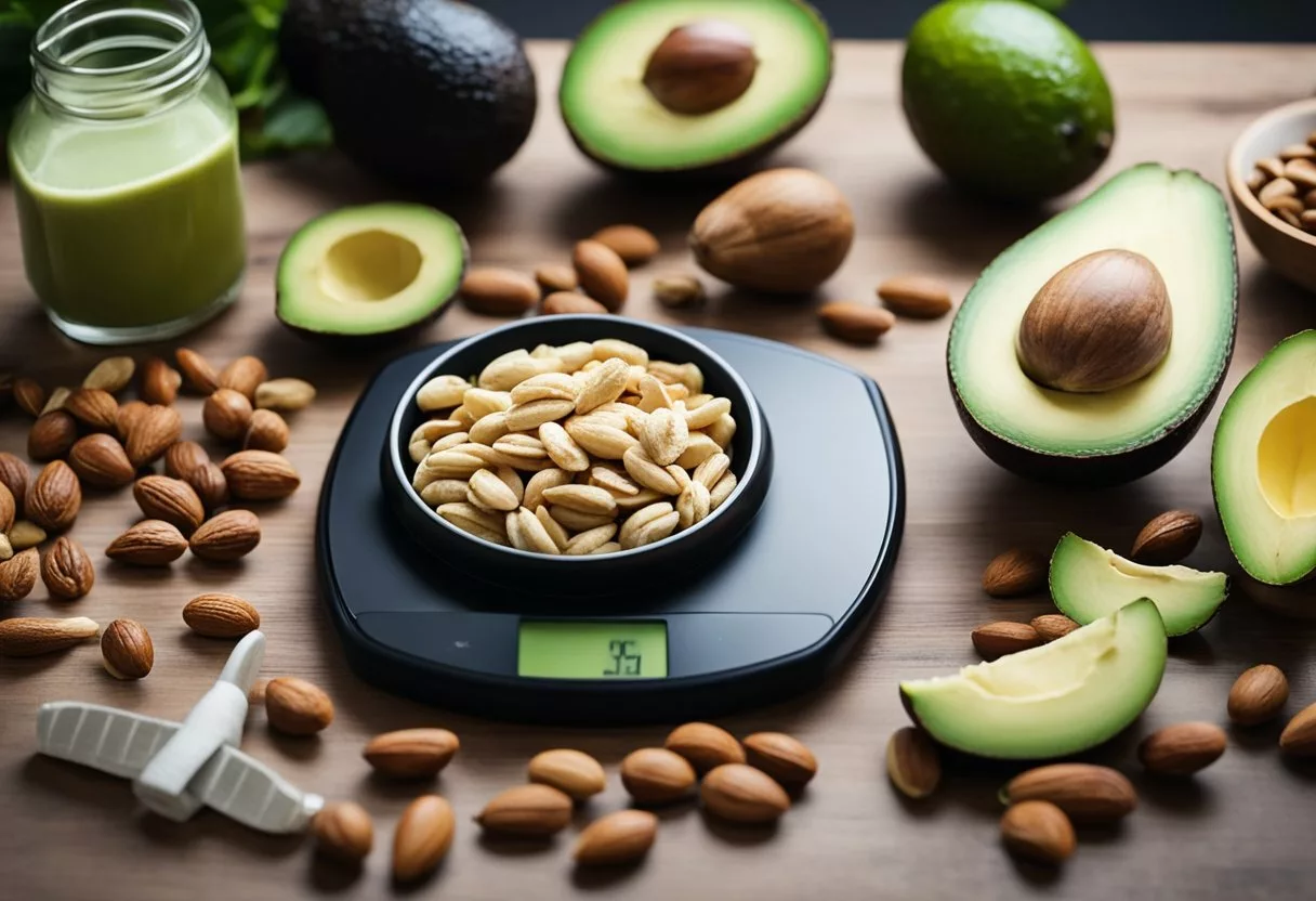 A table with healthy, high-calorie foods like nuts, avocados, and protein shakes. A scale to track progress, and workout equipment for muscle gain