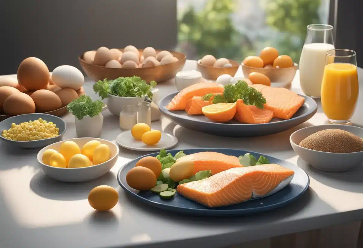 A table with a variety of vitamin D-rich foods, such as salmon, eggs, and fortified milk, displayed in a colorful and appetizing arrangement