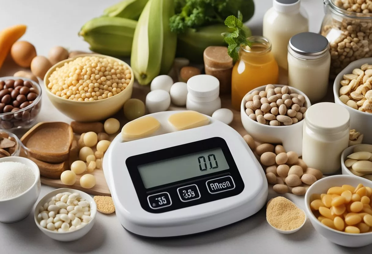 A scale surrounded by high-calorie foods and weight gain supplements