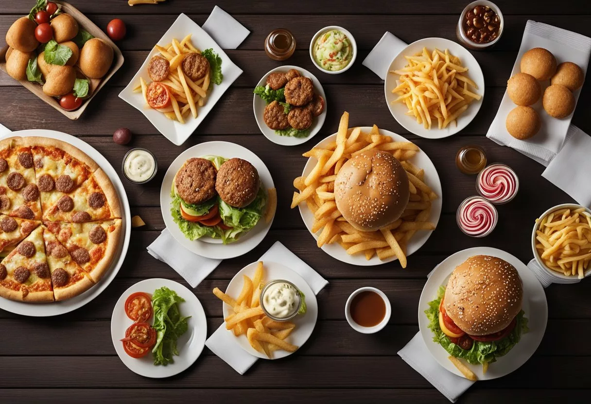 A table with a variety of high-calorie foods, such as burgers, fries, pizza, and sweets, surrounded by empty plates and wrappers