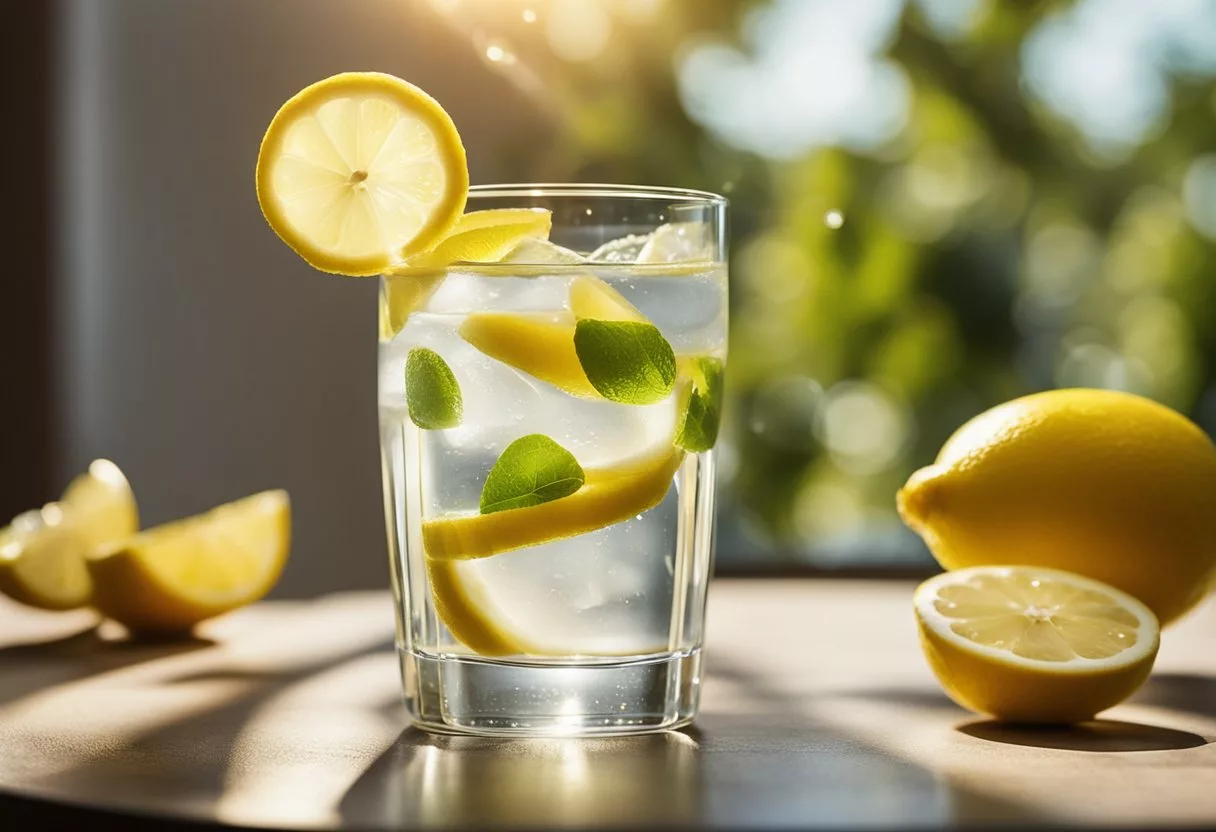 A glass of lemon water sits on a table, with fresh lemon slices floating in the clear liquid. Rays of sunlight beam down, highlighting the refreshing and invigorating nature of the drink