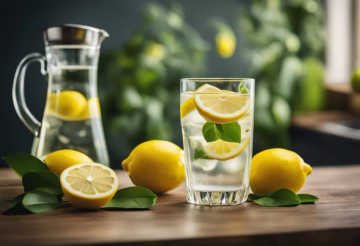 A glass of lemon water sits on a table, surrounded by fresh lemons and a pitcher of water. The nutritional benefits of lemon water are highlighted in a colorful infographic nearby