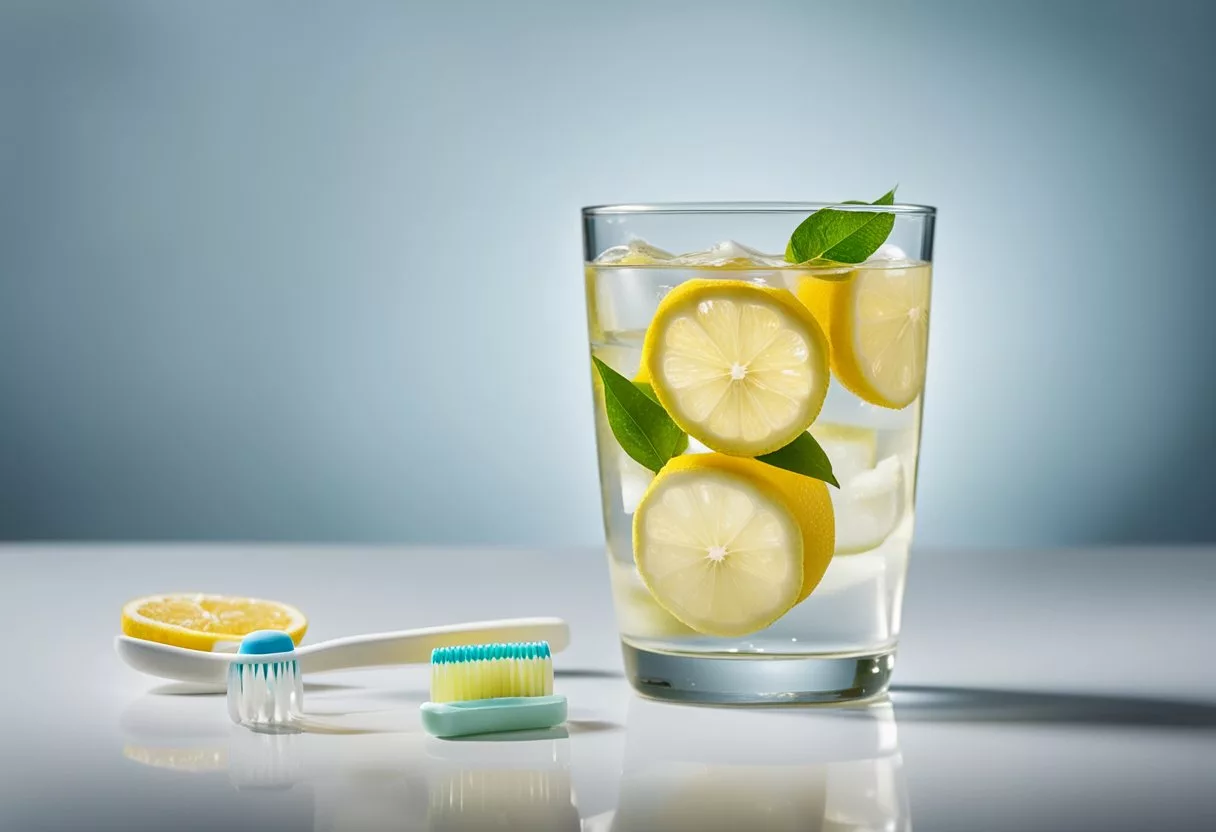 A glass of lemon water sits next to a toothbrush and toothpaste, highlighting the benefits of citrus for oral health