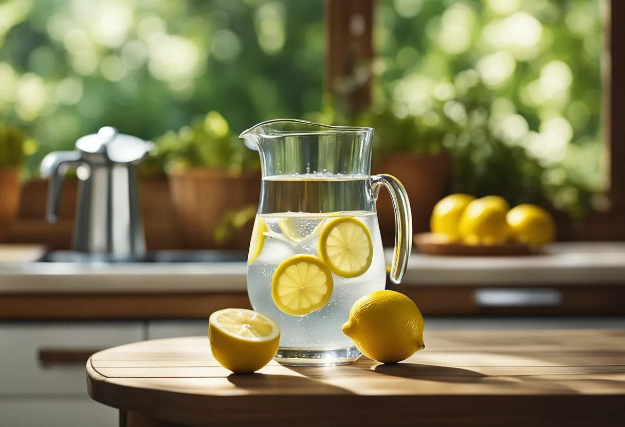 A glass of lemon water with fresh lemon slices and a pitcher of water on a wooden table with a backdrop of a sunny and bright kitchen