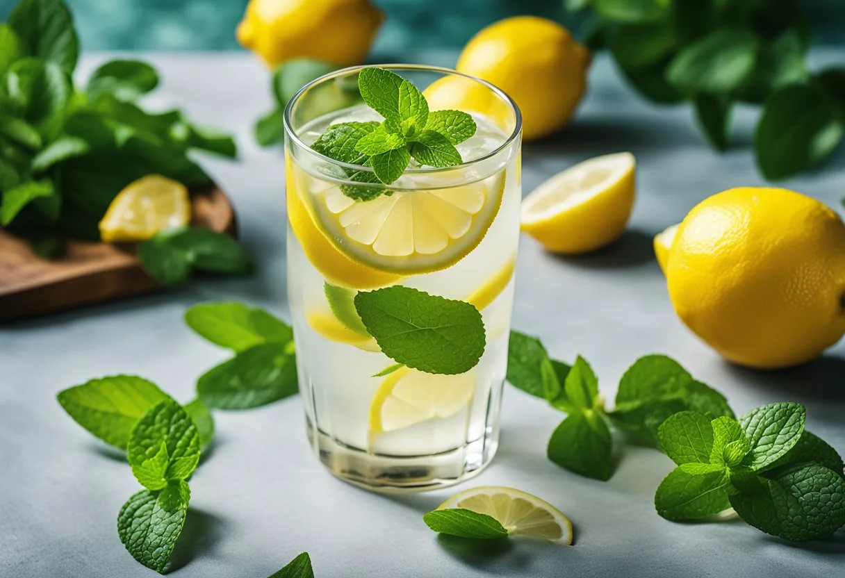 A glass of lemon water surrounded by fresh lemons and vibrant green mint leaves