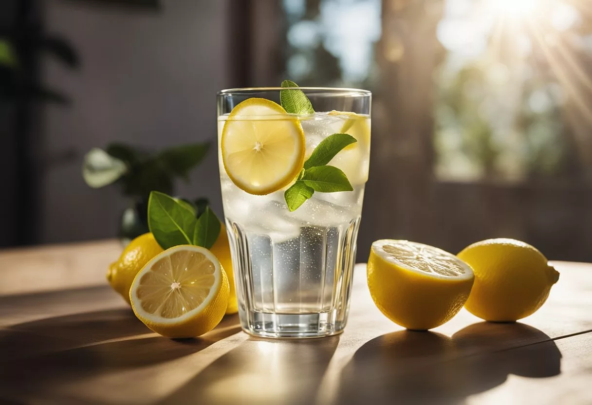 A glass of lemon water sits on a table with fresh lemons nearby. The sunlight streams in, highlighting the refreshing drink