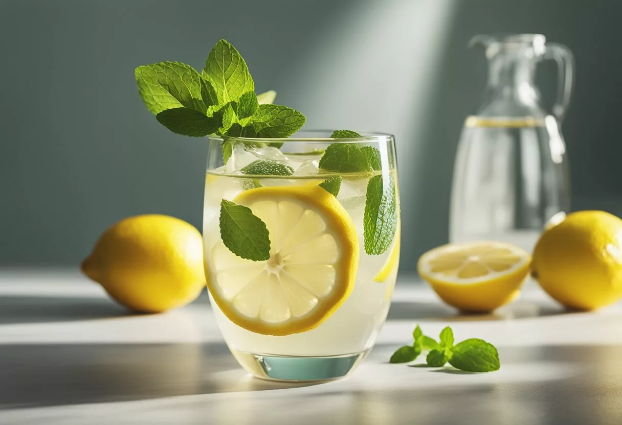 A glass of lemon water surrounded by fresh lemons and a sprig of mint, with rays of sunlight shining down on the scene