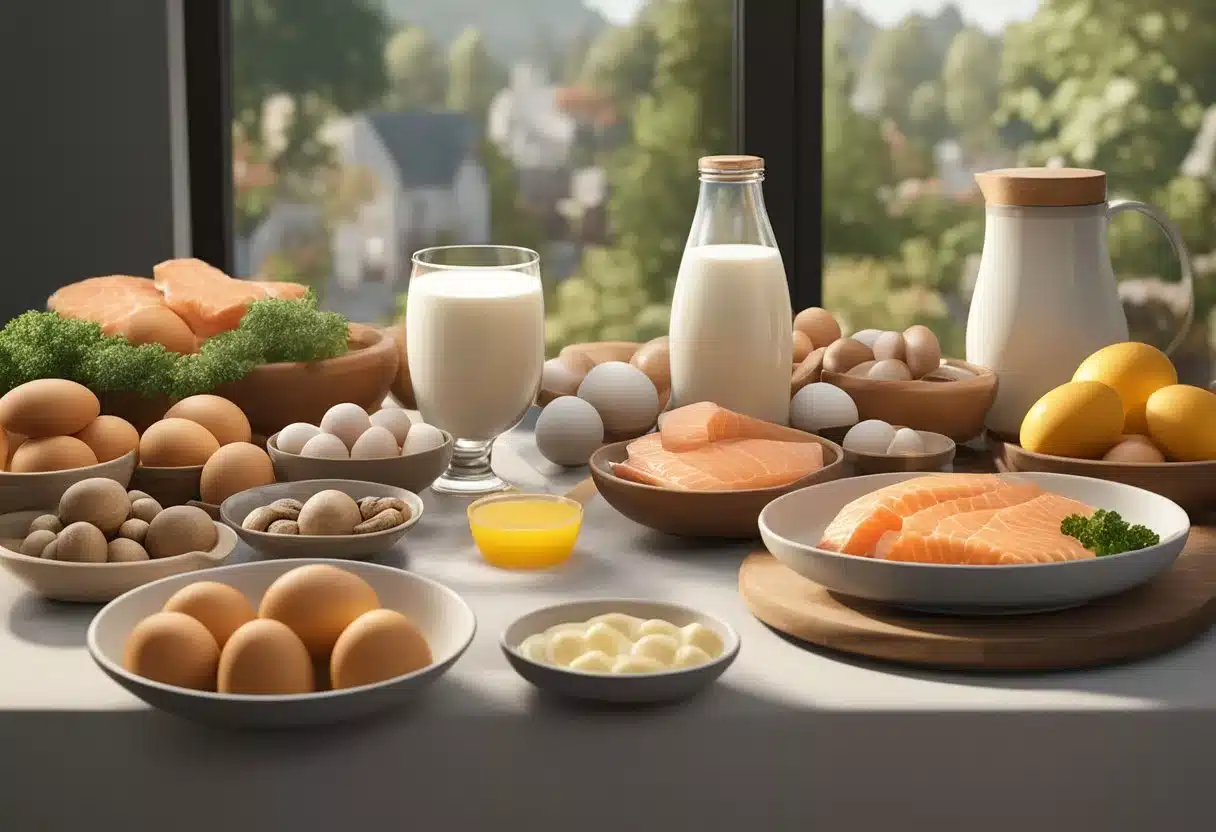 A table with a variety of foods rich in Vitamin D, such as salmon, eggs, mushrooms, and fortified milk, displayed with a sun symbol in the background