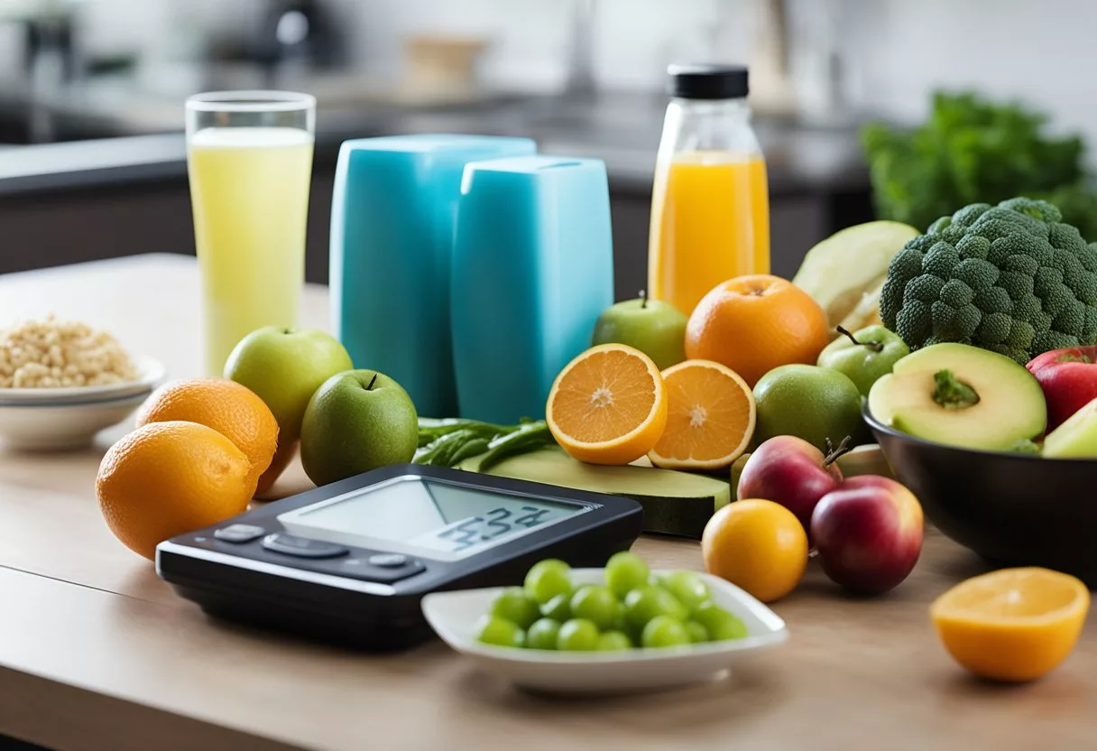 A table with healthy food options like fruits, vegetables, and lean proteins. A measuring tape and scale nearby. An exercise mat and water bottle in the background