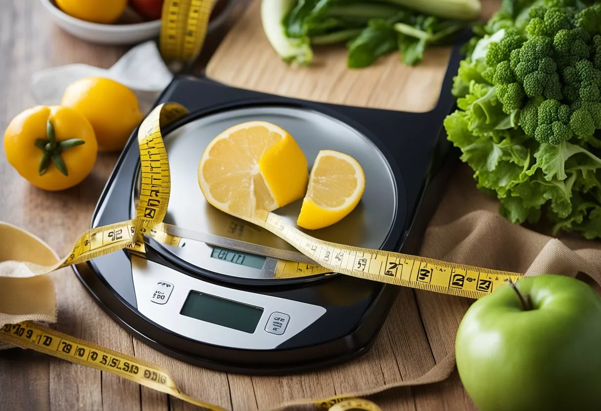 A scale showing decreasing numbers, a tape measure around a slimmer face, and a healthy meal on a table