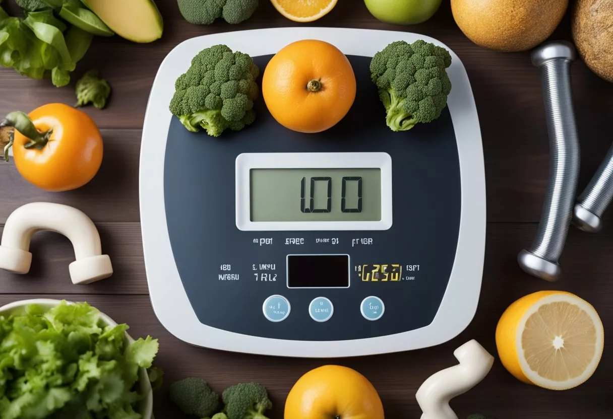 A scale surrounded by exercise equipment and healthy food, with a measuring tape and a smiling face in the background