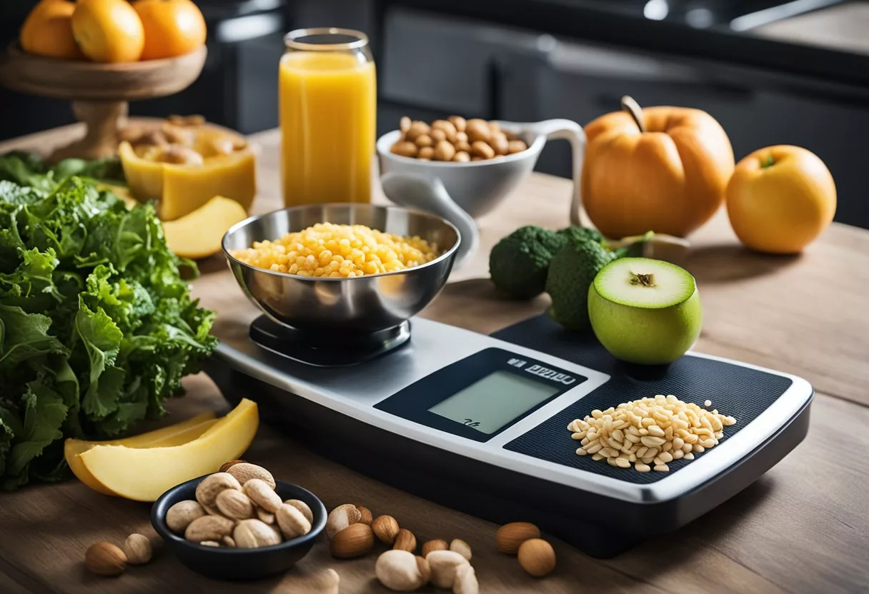 A kitchen scale with measuring cups and healthy food items, surrounded by exercise equipment and a chart showing weight loss progress