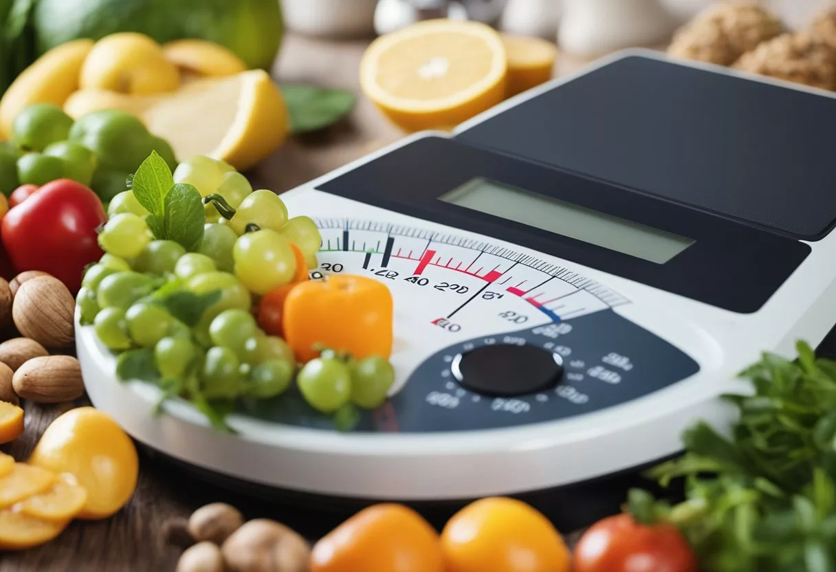 A scale with decreasing numbers, surrounded by healthy foods and a tape measure