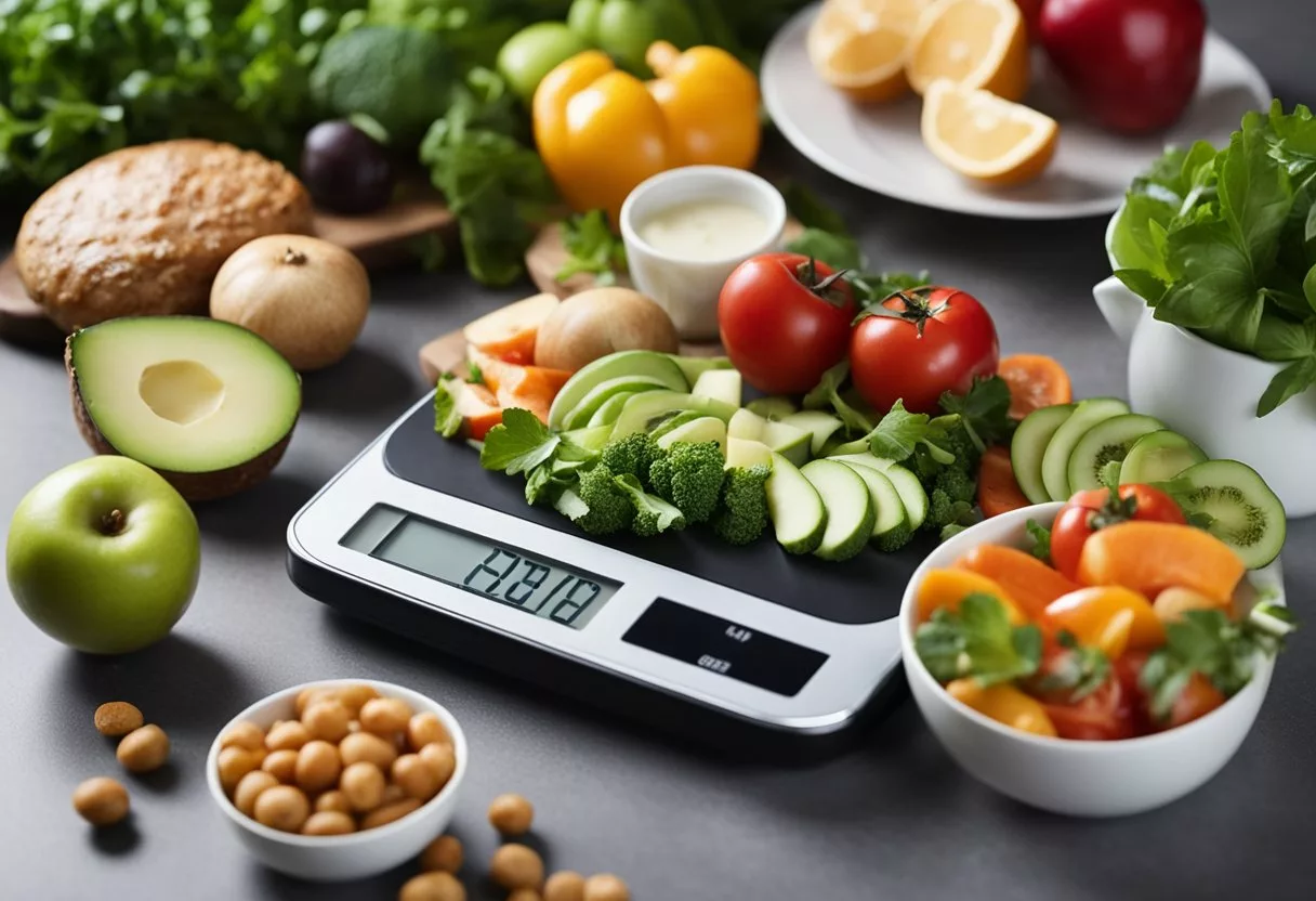 A table with healthy food and a scale showing fewer calories than consumed