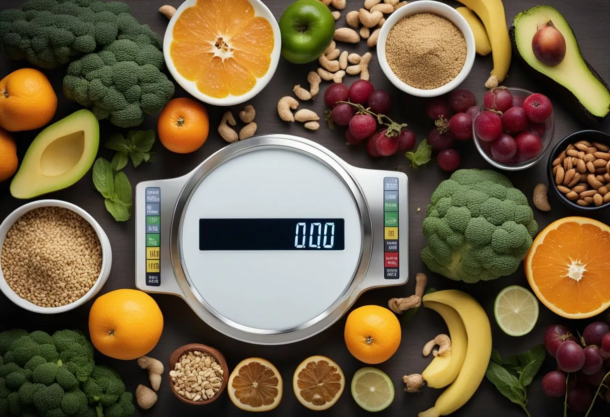 A scale with a measuring tape around it, surrounded by various healthy foods and a list of potential health risks