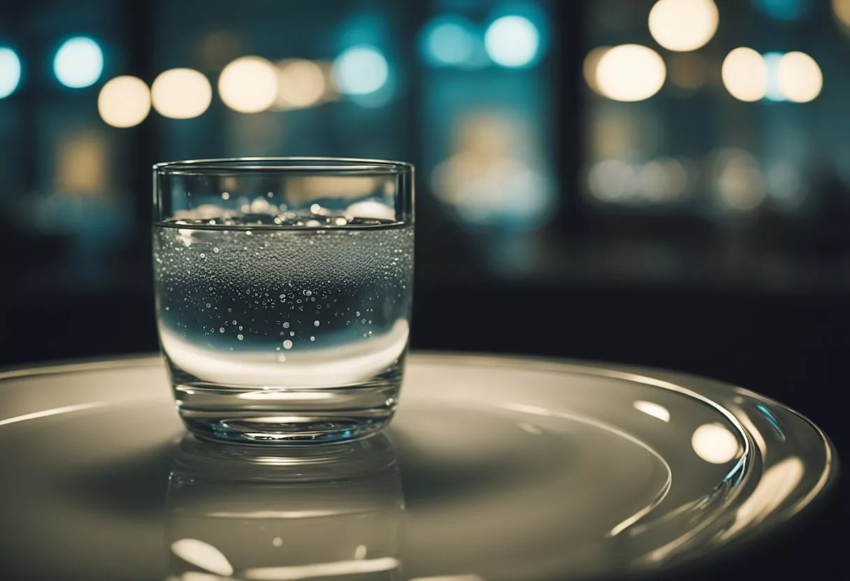A clear glass filled with only water, surrounded by empty plates and a clock showing the passing of time