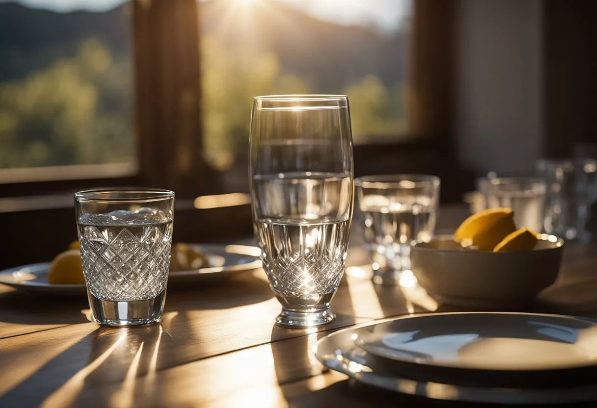 A clear glass of water sits on a wooden table, surrounded by empty plates and utensils. Sunlight streams through a window, casting a warm glow on the scene