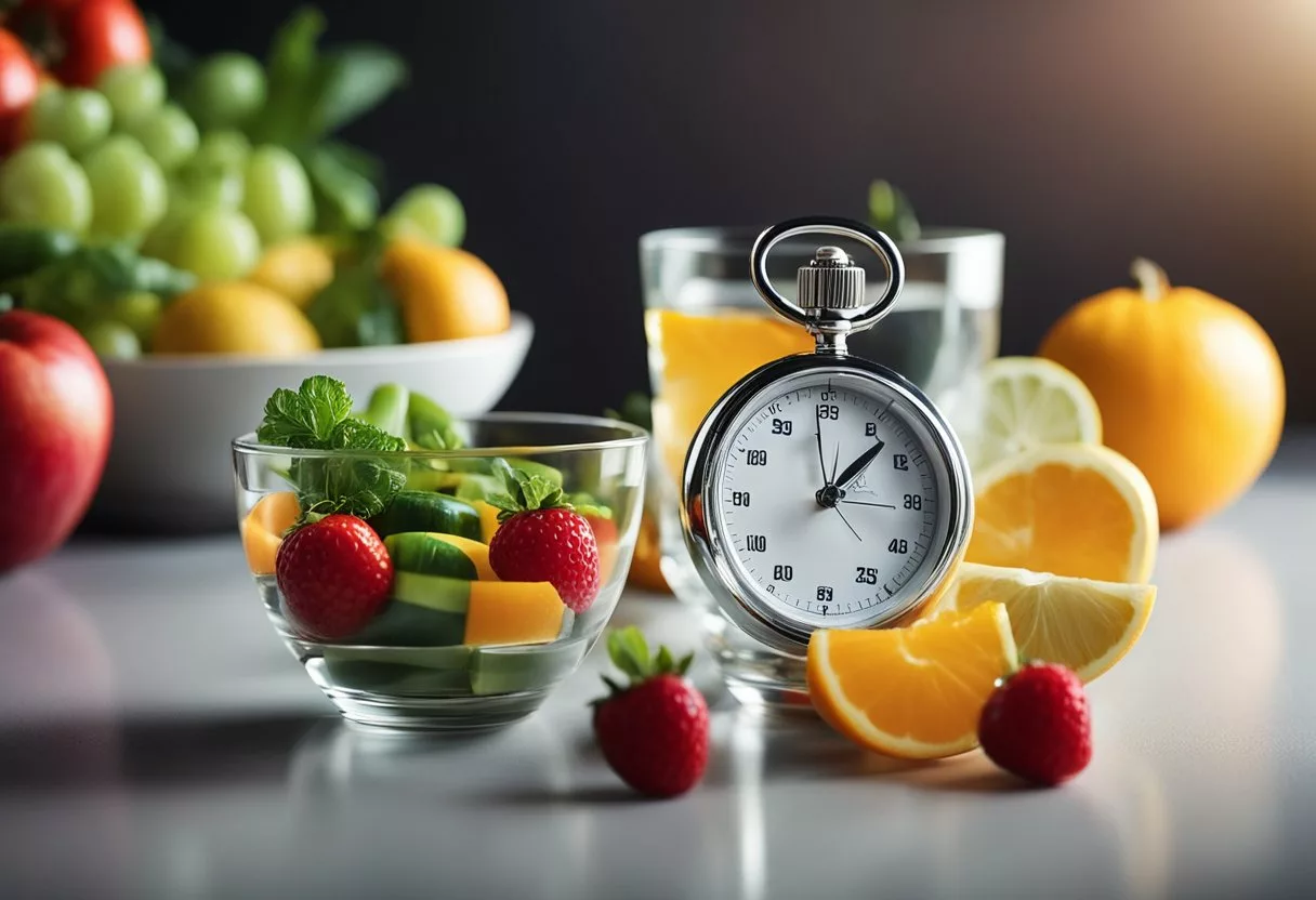 A clear glass of water with a stopwatch next to it, surrounded by fresh fruits and vegetables