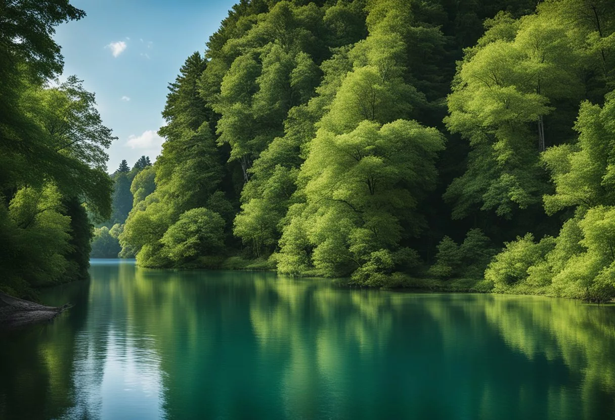 A serene lake surrounded by lush greenery, with a clear blue sky overhead