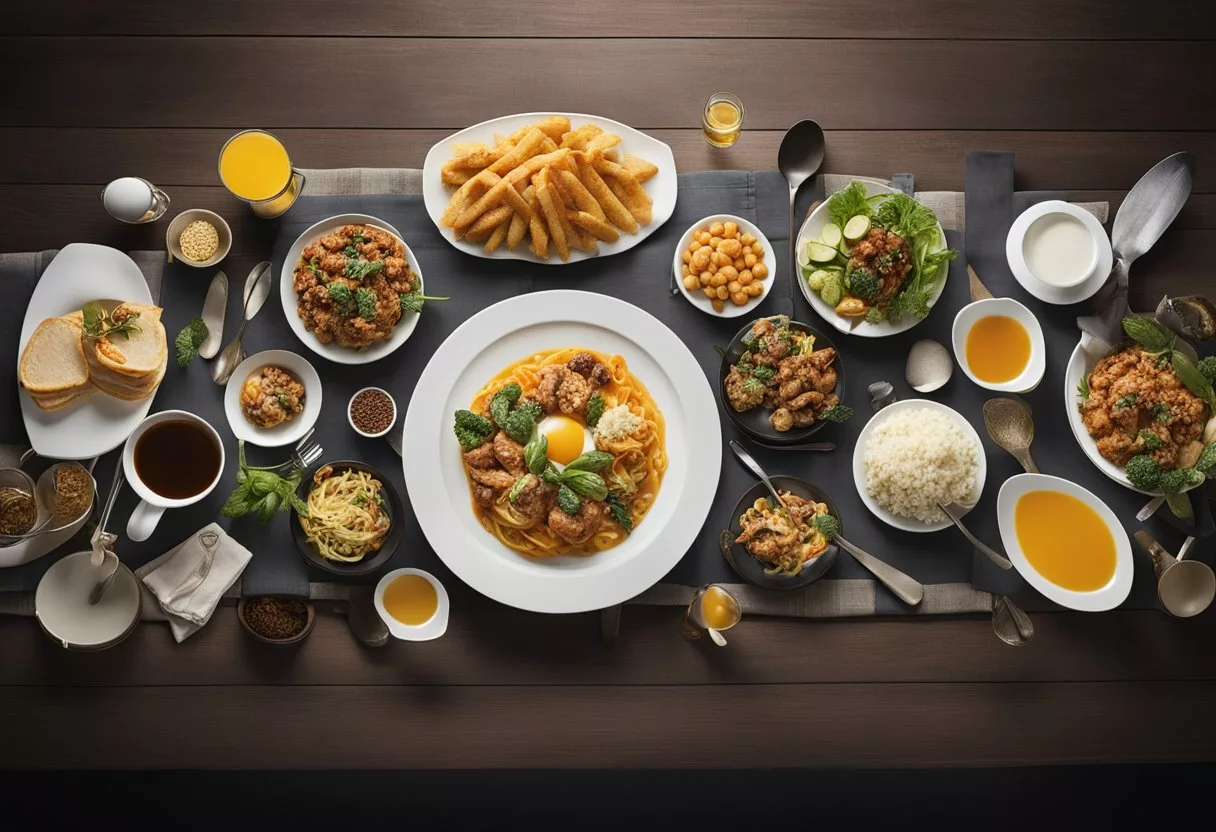 A table with oversized food portions, small plates, and exaggerated utensils to illustrate portion distortion